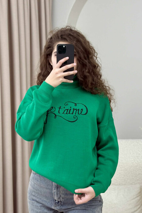 FRONT WRITTINGS HIGH NECK SIMPLE WOMEN SWEATER GREEN/JESHILE - 2