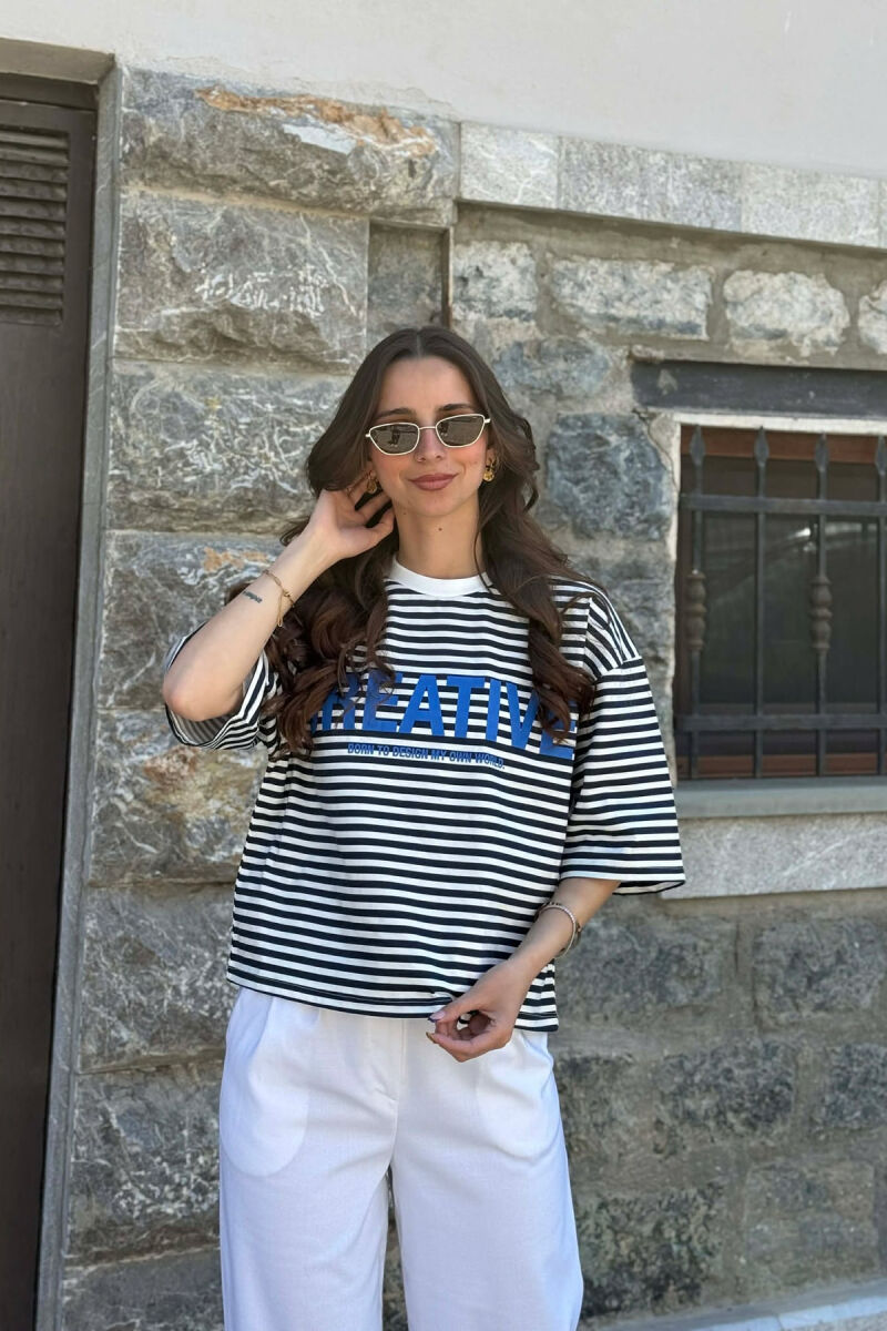 FRONT WRITTINGS LINES DESIGN WOMAN T-SHIRT WHITE-BLUE/BABL - 1