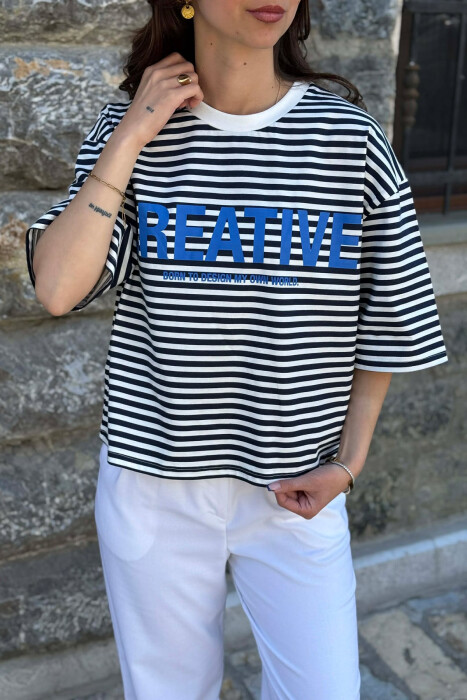 FRONT WRITTINGS LINES DESIGN WOMAN T-SHIRT WHITE-BLUE/BABL - 2