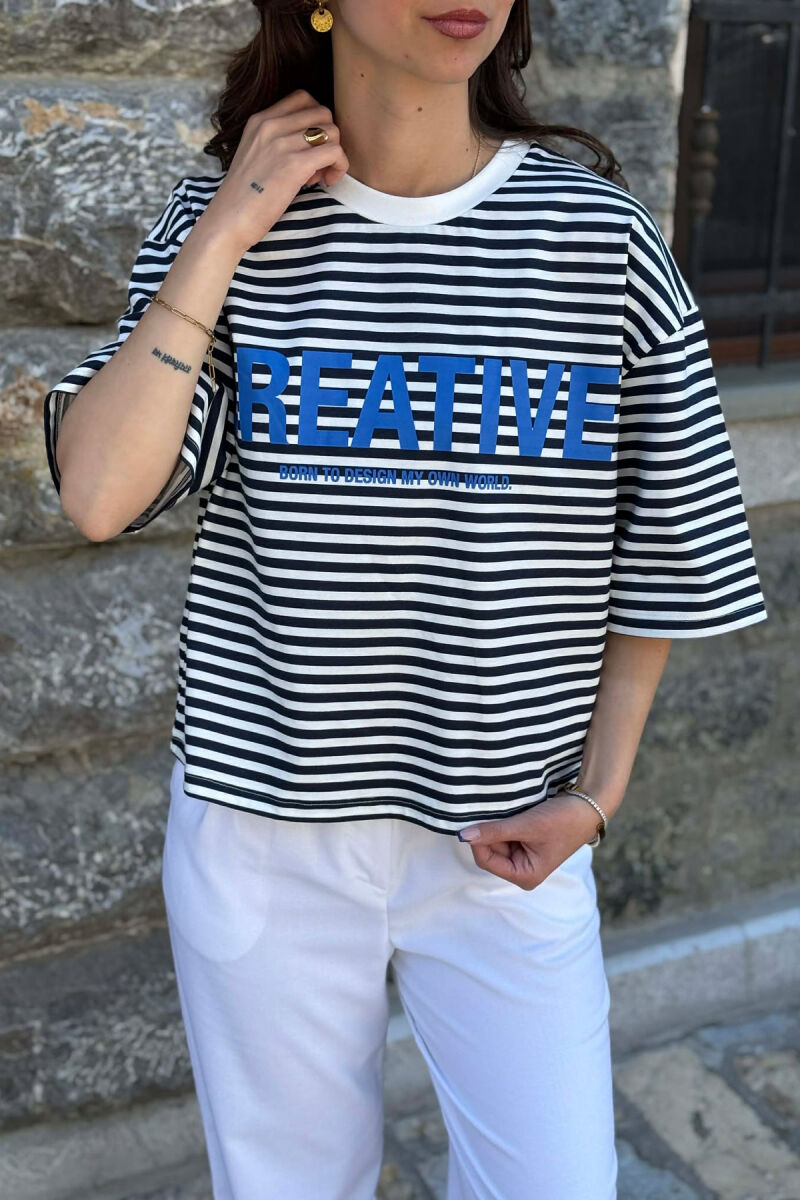 FRONT WRITTINGS LINES DESIGN WOMAN T-SHIRT WHITE-BLUE/BABL - 2