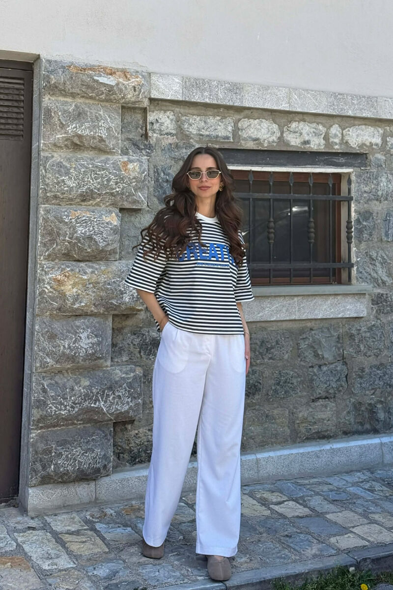 FRONT WRITTINGS LINES DESIGN WOMAN T-SHIRT WHITE-BLUE/BABL - 5