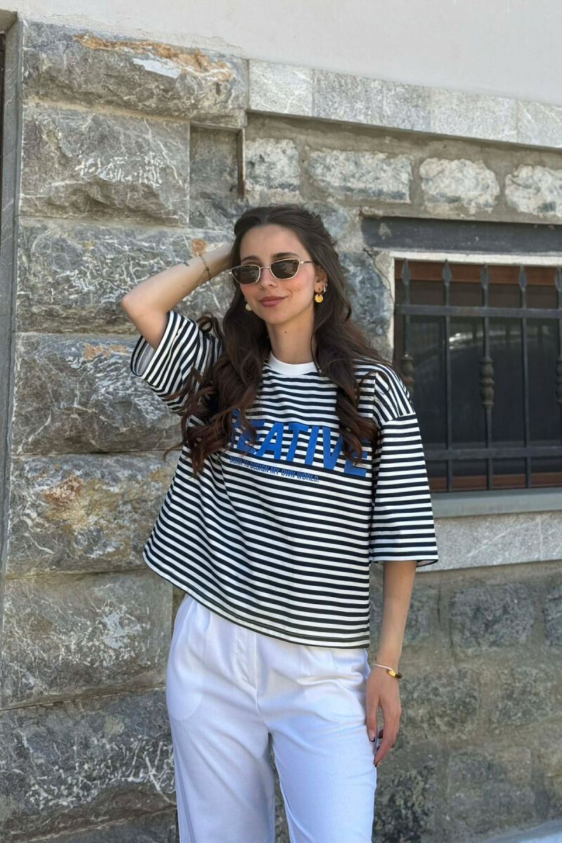 FRONT WRITTINGS LINES DESIGN WOMAN T-SHIRT WHITE-BLUE/BABL - 6