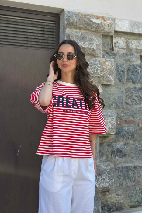FRONT WRITTINGS LINES DESIGN WOMAN T-SHIRT WHITE-RED/BAKU 