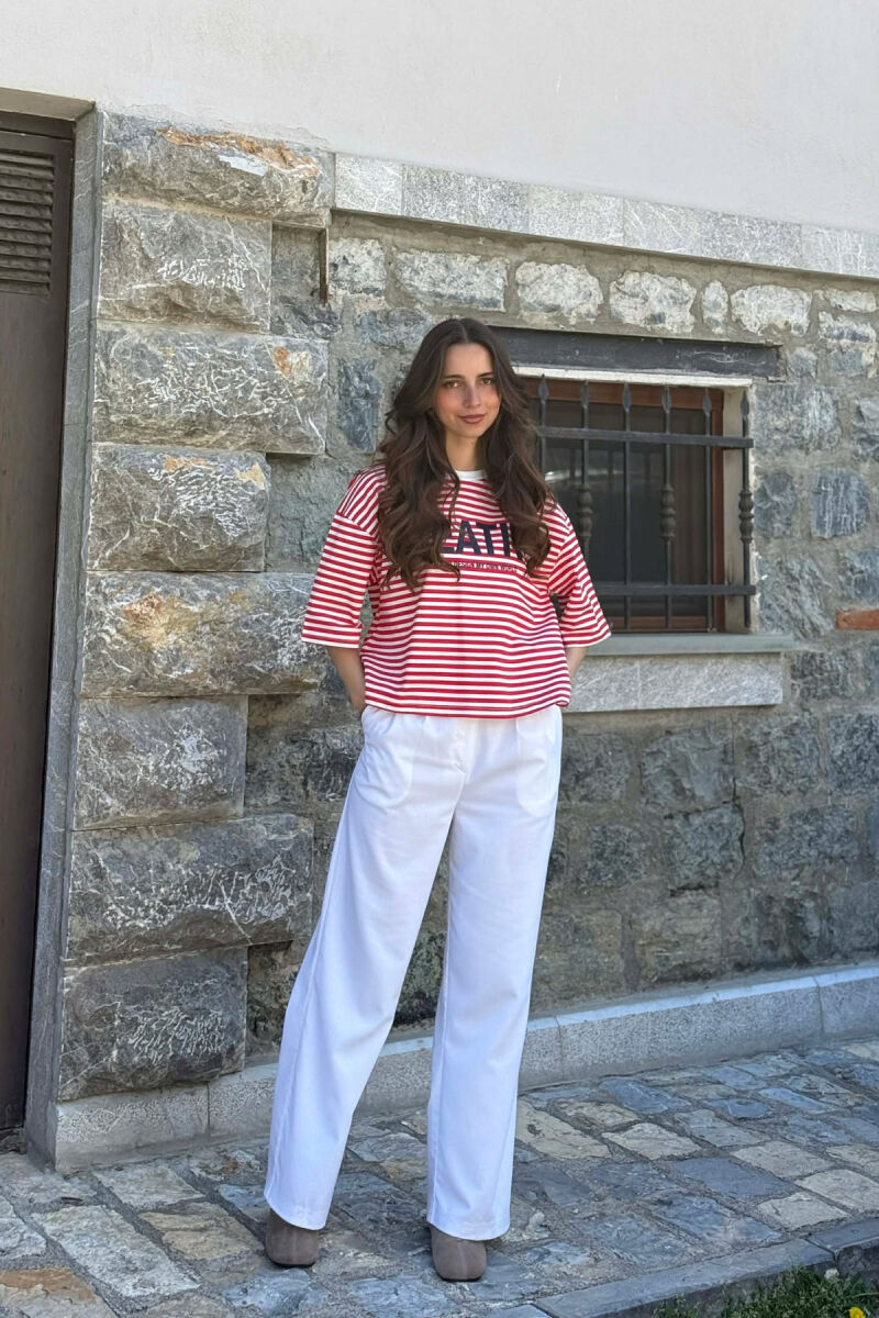 FRONT WRITTINGS LINES DESIGN WOMAN T-SHIRT WHITE-RED/BAKU - 2