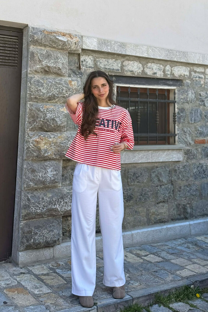 FRONT WRITTINGS LINES DESIGN WOMAN T-SHIRT WHITE-RED/BAKU - 4