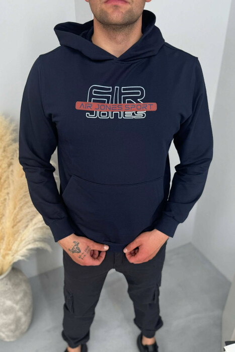 FRONT WRITTINGS ONE COLOR MEN HOODIE DARK BLUE/BEE 