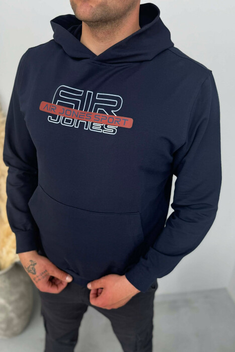 FRONT WRITTINGS ONE COLOR MEN HOODIE DARK BLUE/BEE - 2