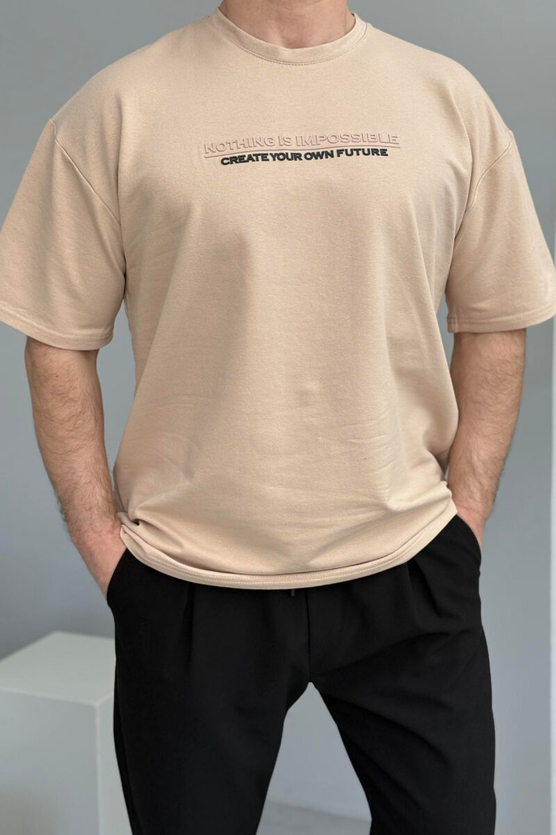 FRONT WRITTINGS ONE COLOR ROUND NECK MEN T-SHIRT BEIGE/BEZHE - 1