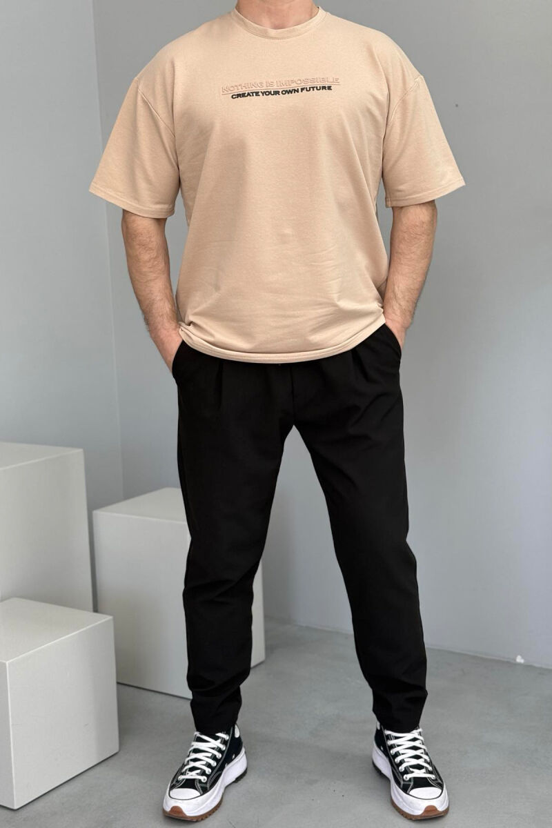 FRONT WRITTINGS ONE COLOR ROUND NECK MEN T-SHIRT BEIGE/BEZHE - 2