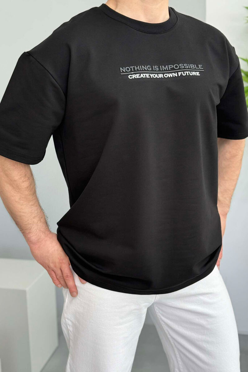 FRONT WRITTINGS ONE COLOR ROUND NECK MEN T-SHIRT BLACK/ E ZEZE - 1
