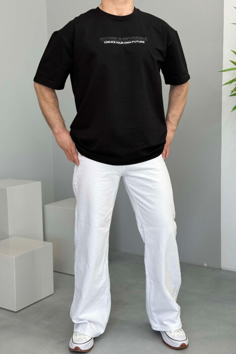 FRONT WRITTINGS ONE COLOR ROUND NECK MEN T-SHIRT BLACK/ E ZEZE - 2