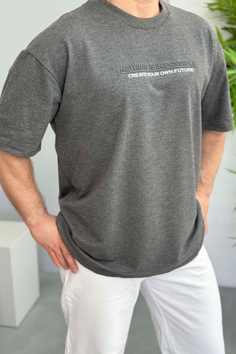 FRONT WRITTINGS ONE COLOR ROUND NECK MEN T-SHIRT DARK GREY/GEE - 1