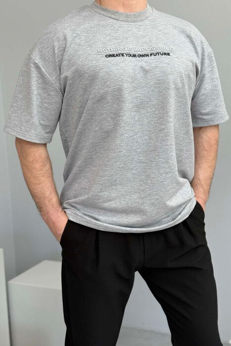 FRONT WRITTINGS ONE COLOR ROUND NECK MEN T-SHIRT GREY/GRI - 1