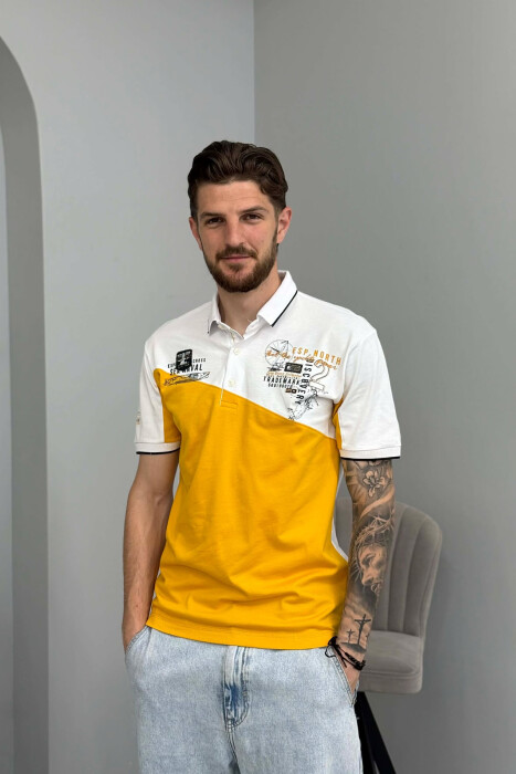FRONT WRITTINGS POLO NECK MEN T-SHIRT WHITE-YELLOW/BAVE - KLAUDIO FASHION