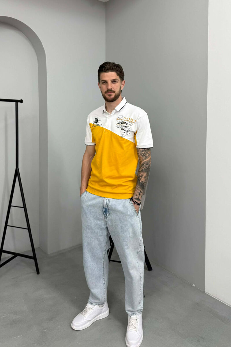 FRONT WRITTINGS POLO NECK MEN T-SHIRT WHITE-YELLOW/BAVE - 4
