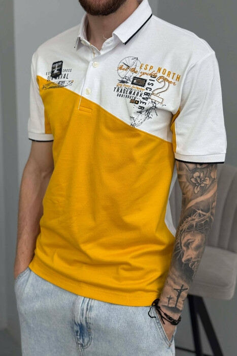 FRONT WRITTINGS POLO NECK MEN T-SHIRT WHITE-YELLOW/BAVE - 5