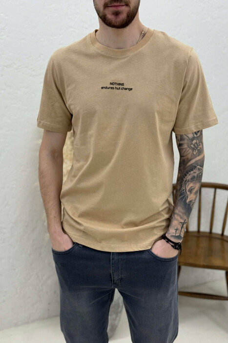 FRONT WRITTINGS ROUND NECK MEN T-SHIRT LIGHT BROWN/KAZB - 3