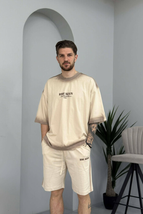 FRONT WRITTINGS T-SHIRT + SHORTS MEN SET BEIGE/BEZHE - KLAUDIO FASHION