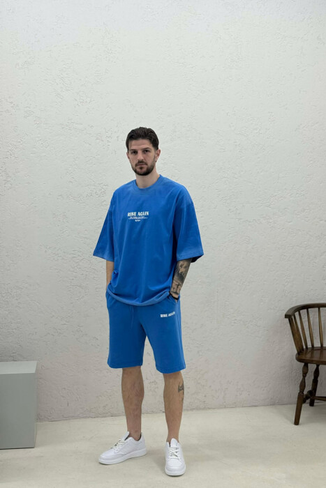 FRONT WRITTINGS T-SHIRT + SHORTS MEN SET LIGHTBLUE/BZ - KLAUDIO FASHION