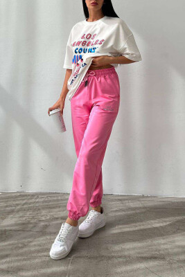 FRONT WRITTINGS T-SHIRT+JOGGERS WOMEN SET WHITE-PINK/BARO 