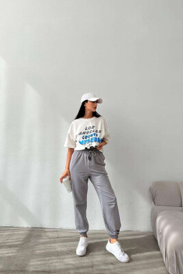 FRONT WRITTINGS T-SHIRT+JOGGERS WOMEN SET WHITE/GREY-BAGR 