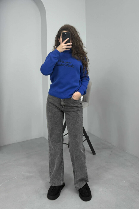 FRONT WRITTINGS TURTLE NECK WOMEN SWEATER DARK BLUE/BEE 