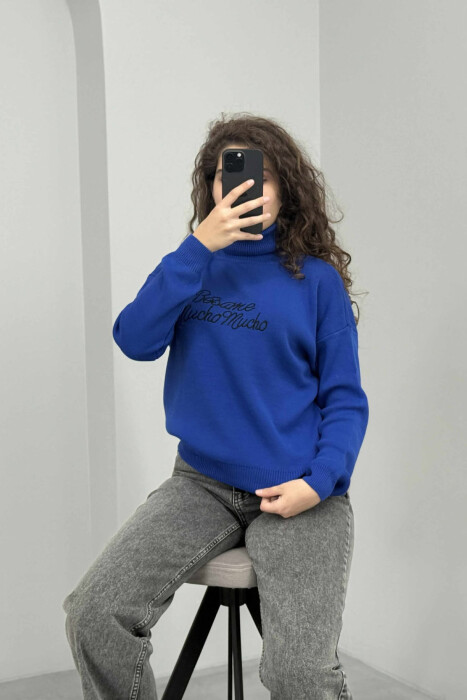 FRONT WRITTINGS TURTLE NECK WOMEN SWEATER DARK BLUE/BEE - 2