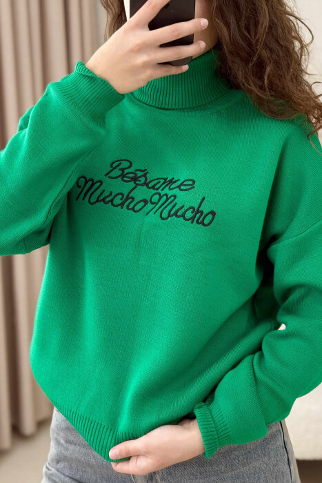 FRONT WRITTINGS TURTLE NECK WOMEN SWEATER DARK GREEN/JEE - 4