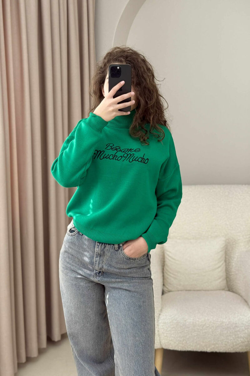 FRONT WRITTINGS TURTLE NECK WOMEN SWEATER DARK GREEN/JEE - 2