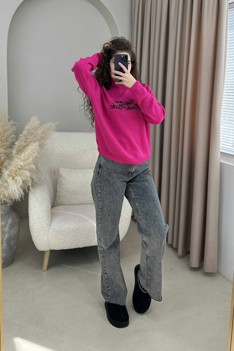 FRONT WRITTINGS TURTLE NECK WOMEN SWEATER FUCHSIA/CIKLAMI - 2