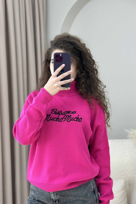 FRONT WRITTINGS TURTLE NECK WOMEN SWEATER FUCHSIA/CIKLAMI - 3