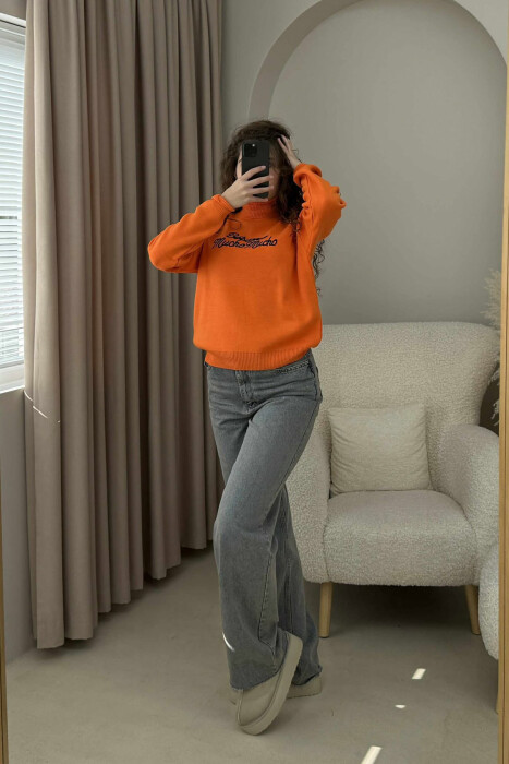 FRONT WRITTINGS TURTLE NECK WOMEN SWEATER ORANGE/PORTOKALLI 