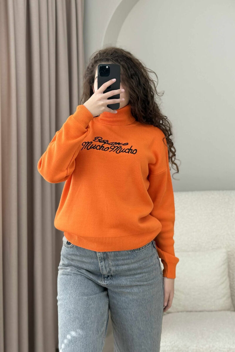 FRONT WRITTINGS TURTLE NECK WOMEN SWEATER ORANGE/PORTOKALLI - 2