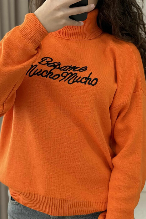 FRONT WRITTINGS TURTLE NECK WOMEN SWEATER ORANGE/PORTOKALLI - 4