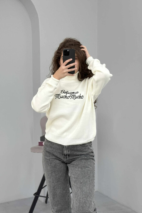 FRONT WRITTINGS TURTLE NECK WOMEN SWEATER WHITE-E BARDHE - 2