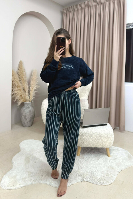 FRONT WRITTINGS WARM SWEATSHIRT+SWEATPANTS WOMEN PYJAMAS DARK BLUE/BEE - 2