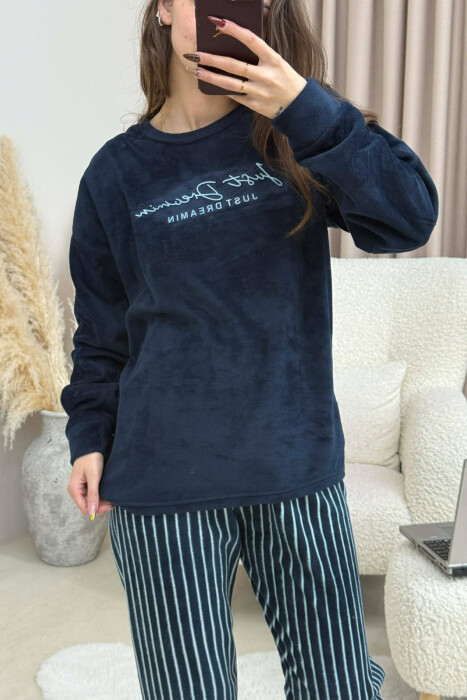 FRONT WRITTINGS WARM SWEATSHIRT+SWEATPANTS WOMEN PYJAMAS DARK BLUE/BEE - 4