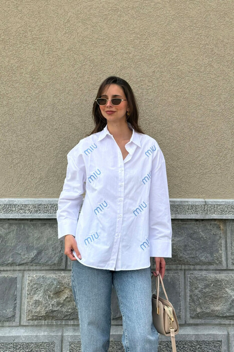 FRONT WRITTINGS WOMAN SHIRT WHITE-BLUE/BABL - KLAUDIO FASHION