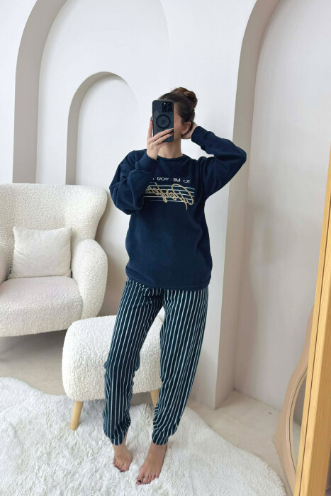 FRONT WRITTINGS WOMEN PYJAMAS DARK BLUE/BEE - KLAUDIO FASHION