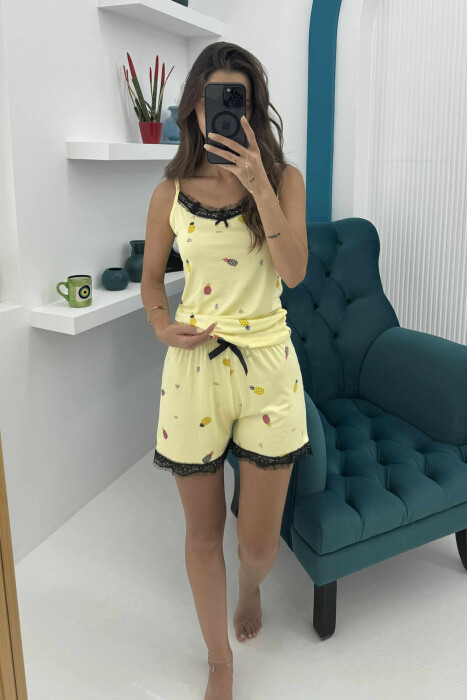 FRUITS DESIGN TANK TOP+SHORTS WOMEN PYJAMAS BLACK-YELLOW/ZEVE - KLAUDIO FASHION