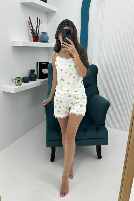 FRUITS DESIGN TANK TOP+SHORTS WOMEN PYJAMAS WHITE-E BARDHE 