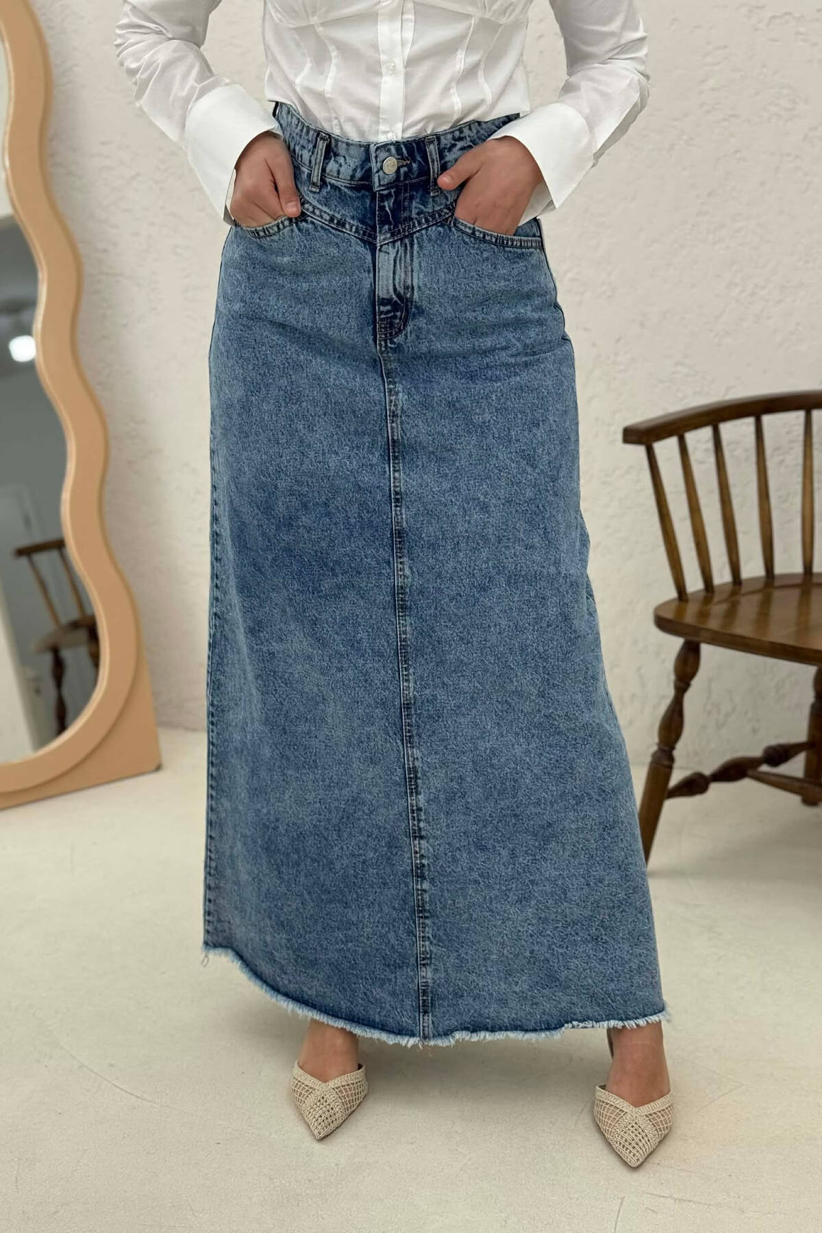 LONG DENIM WOMEN SKIRT BLUE/BLU SKIRTS KLAUDIO FASHION STC-3075