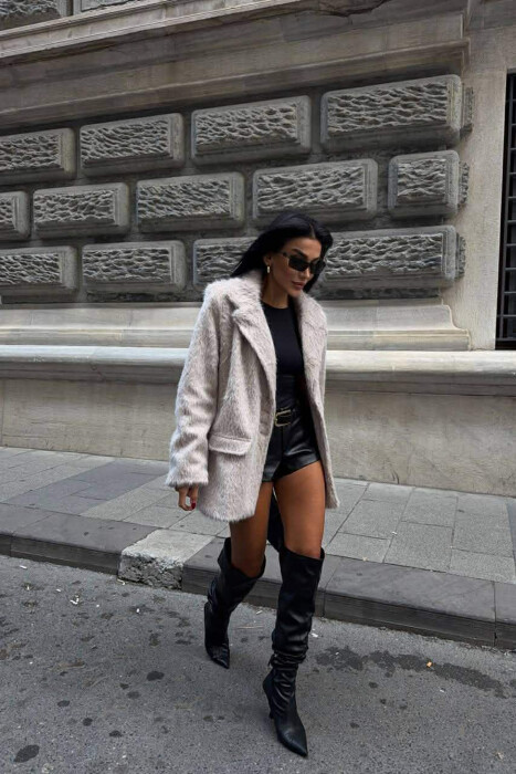 FUR DESIGN BUTTONED WOMAN JACKET BEIGE/BEZHE - 3