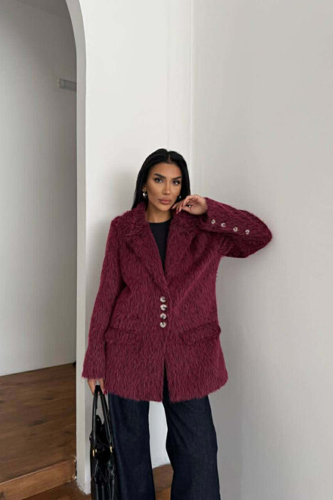 FUR DESIGN BUTTONED WOMAN JACKET BURGUNDY/VISHNJE - 1