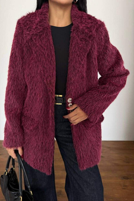 FUR DESIGN BUTTONED WOMAN JACKET BURGUNDY/VISHNJE - 2