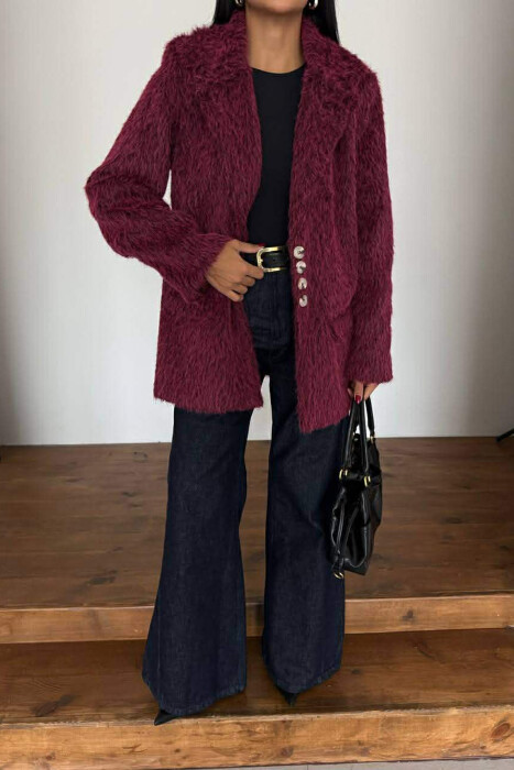 FUR DESIGN BUTTONED WOMAN JACKET BURGUNDY/VISHNJE - 3