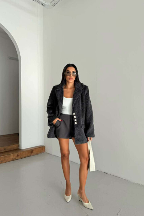 FUR DESIGN BUTTONED WOMAN JACKET DARK GREY/GEE 
