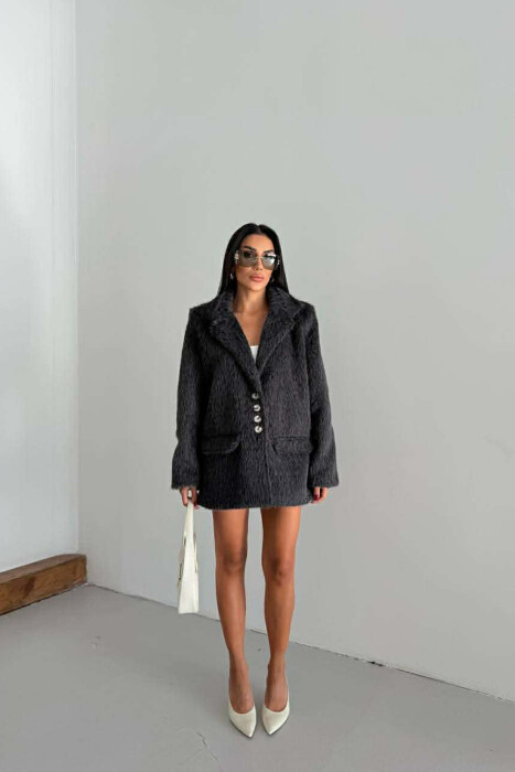 FUR DESIGN BUTTONED WOMAN JACKET DARK GREY/GEE - 2