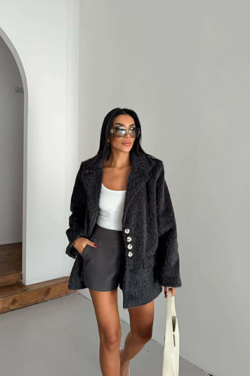 FUR DESIGN BUTTONED WOMAN JACKET DARK GREY/GEE - 3
