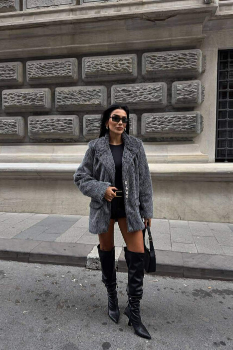 FUR DESIGN BUTTONED WOMAN JACKET GREY/GRI - KLAUDIO FASHION